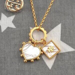 Tory Burch Heart and Square Charm Necklace in Mother of Pearl (Brand New)
